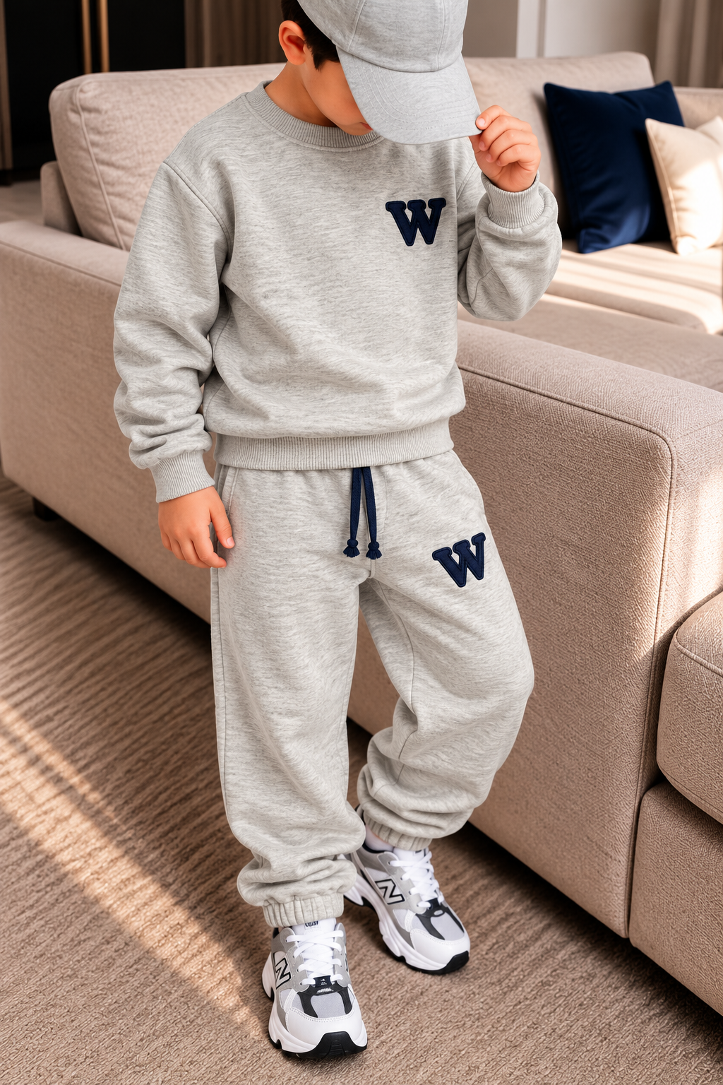 Erkek Çocuk 3 İplik Eşofman Takımı Gri Renk W Baskılı Sweatshirt ve Jogger Pantolon
