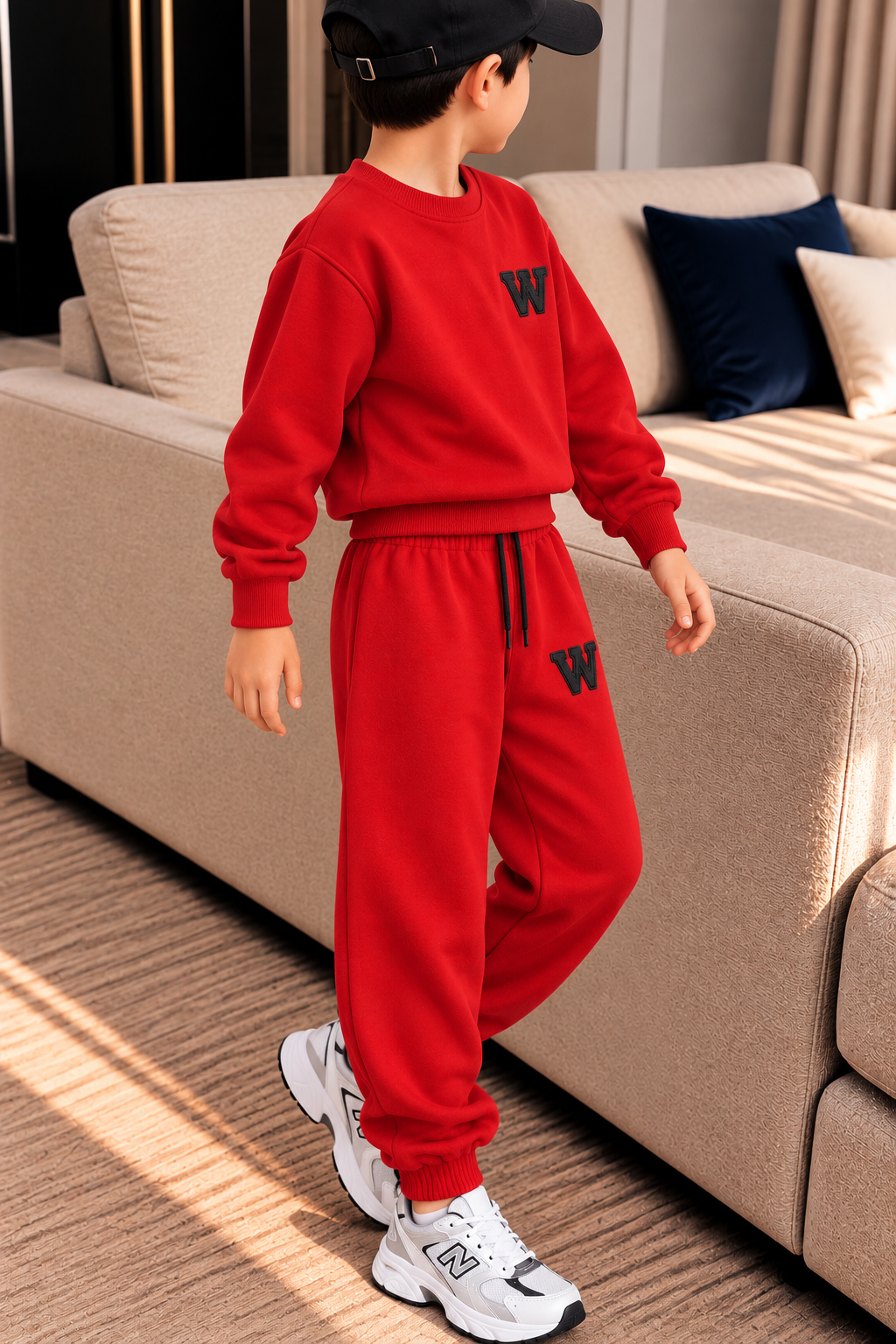 Erkek Çocuk 3 İplik Eşofman Takımı Kırmızı Renk W Baskılı Sweatshirt ve Jogger Pantolon
