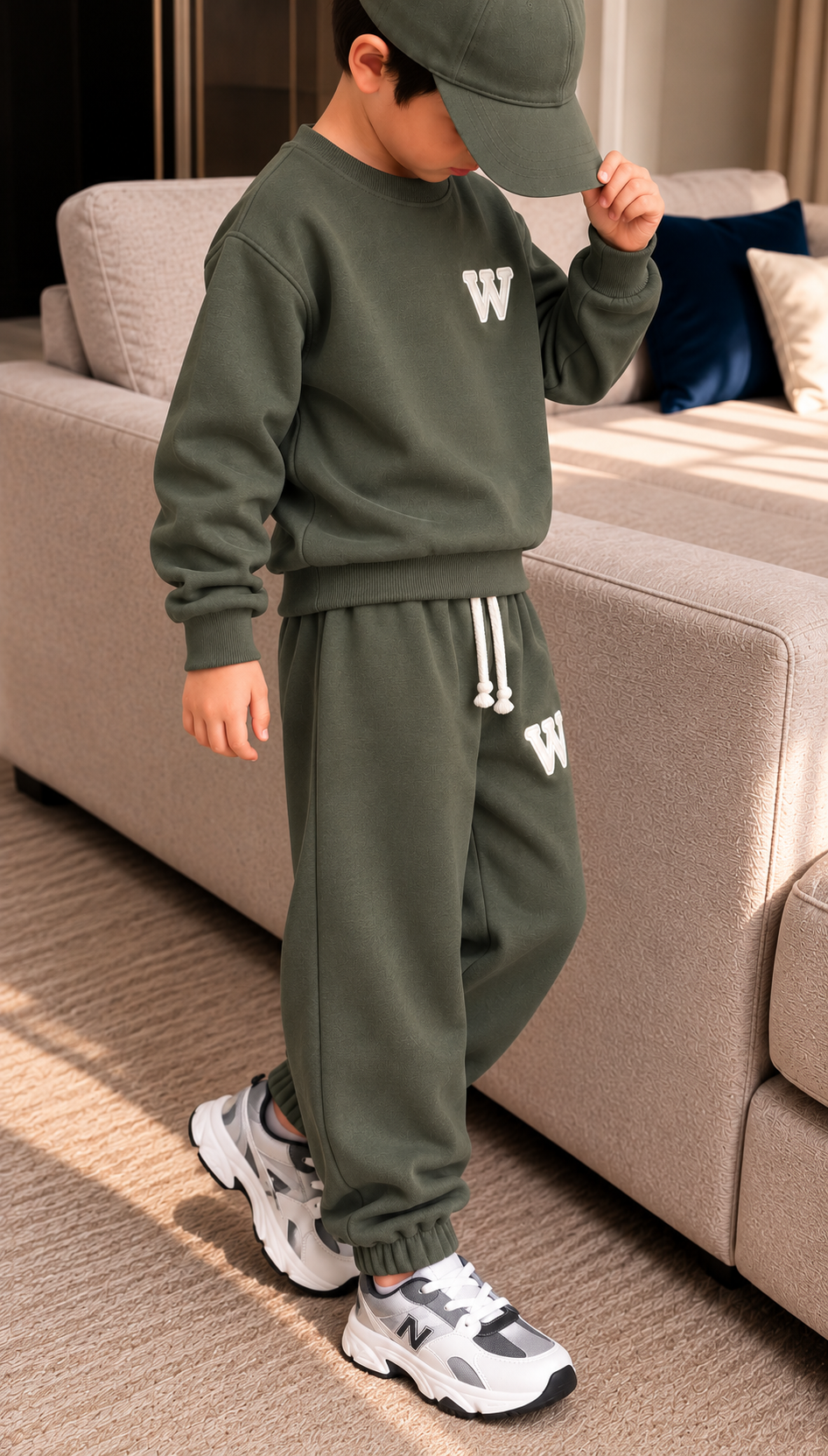 Erkek Çocuk 3 İplik Eşofman Takımı Haki Renk W Baskılı Sweatshirt ve Jogger Pantolon