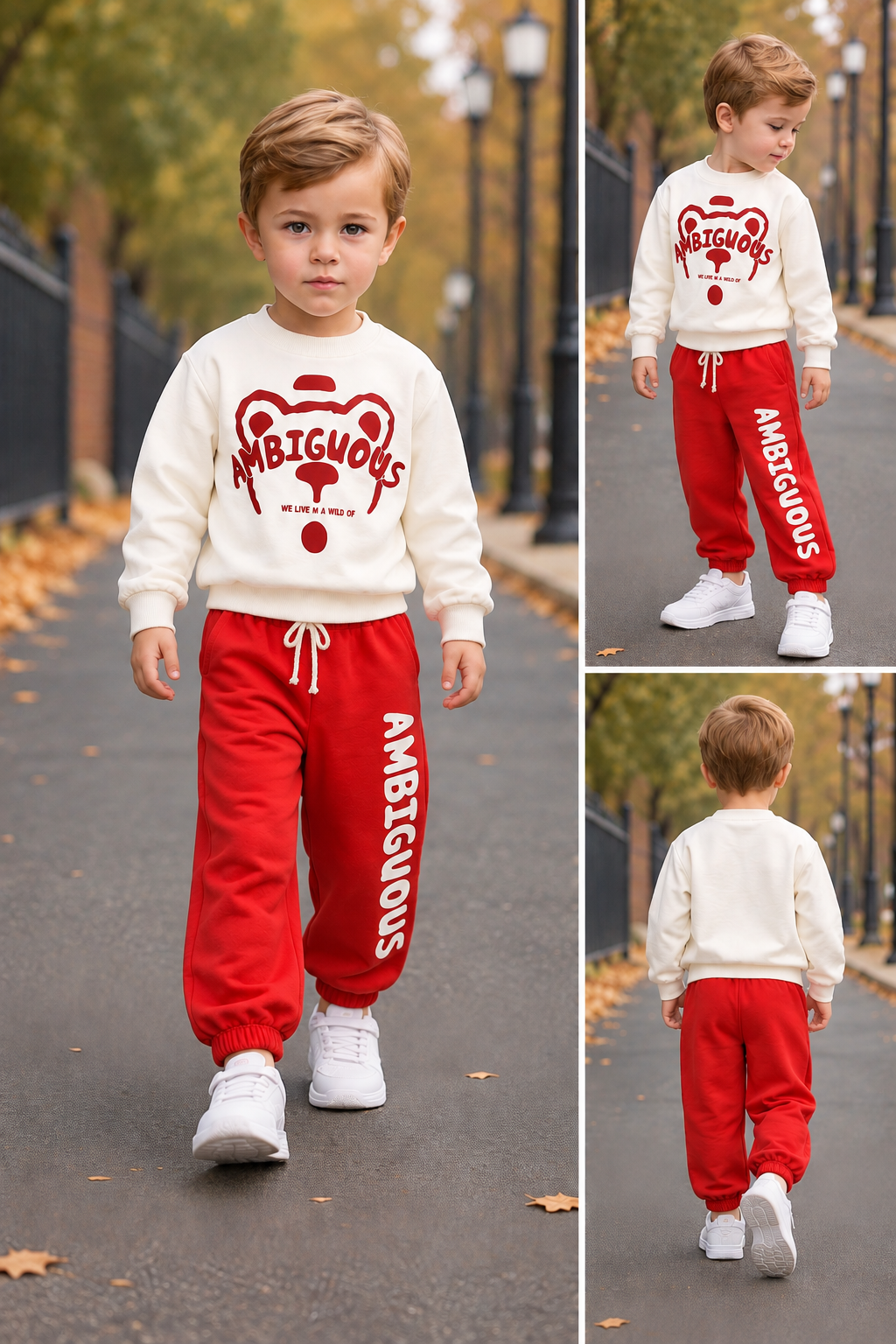Erkek Çocuk Eşofman Takımı 2'li Mevsimlik Ekru Kırmızı Renk Sweatshirtlü Spor Takım