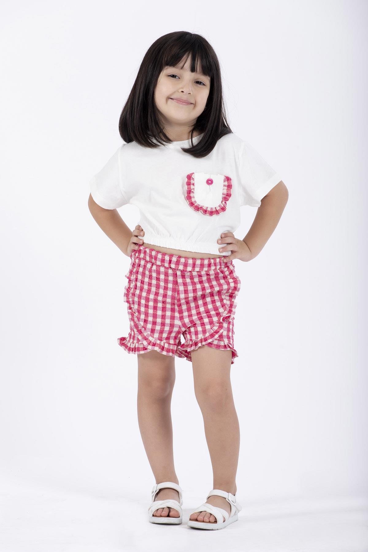 Fırfır Detaylı Ekru Fusya Renk Kız Çocuk Şortlu Takım