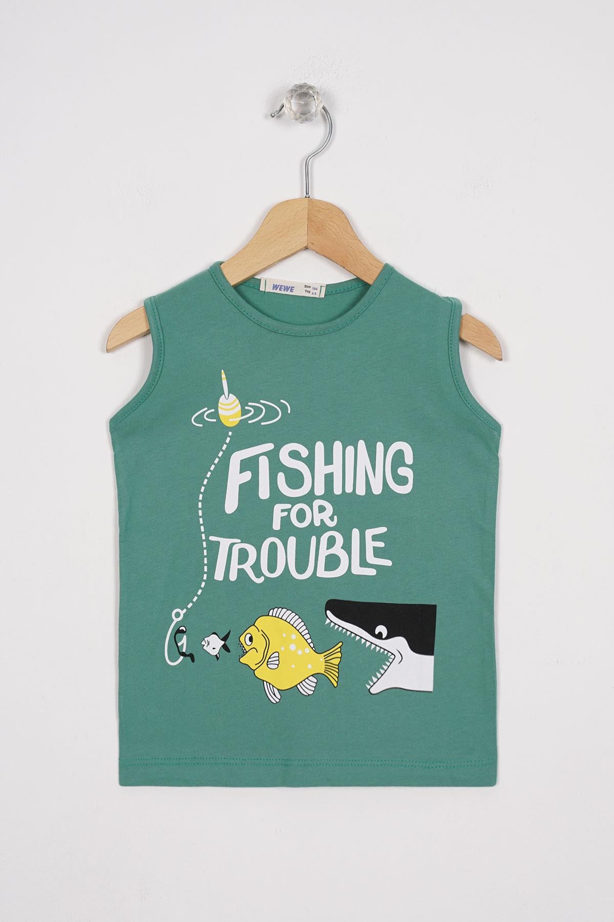 Fıshıng For Trouble Yazı Baskıl Cagla Yesil Renk Erkek Cocuk Tshırt