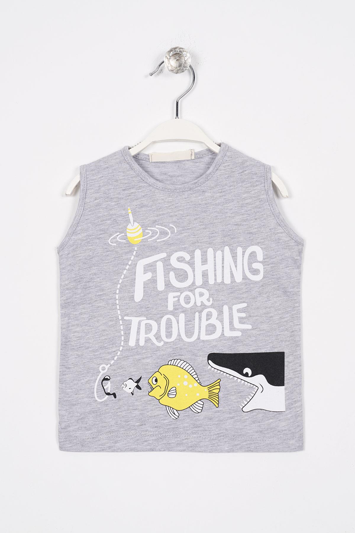 Fıshıng For Trouble Yazı Baskıl Gri Melanj Renk Erkek Cocuk Tshırt