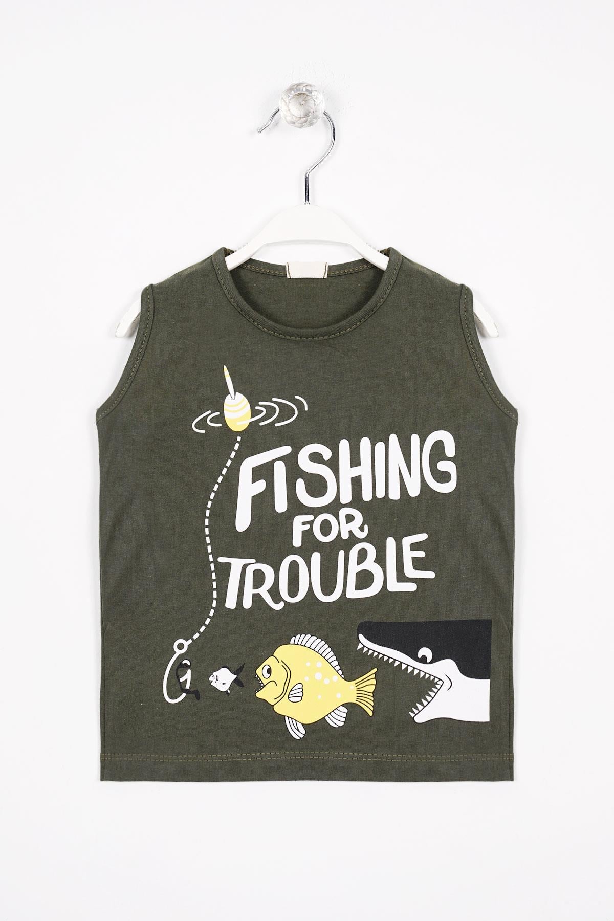 Fıshıng For Trouble Yazı Baskıl Haki Renk Erkek Cocuk Tshırt