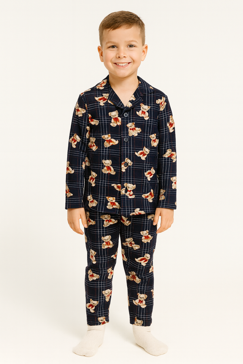 Gömlek Yaka Ayıcık Baskılı Lacivert Renk Erkek Çocuk Pijama Takımı