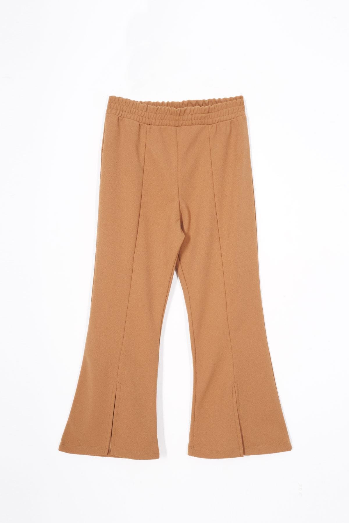 İspanyol Paça Yırtmaç Detaylı Kahverengi Renk Kız Çocuk Pantolon