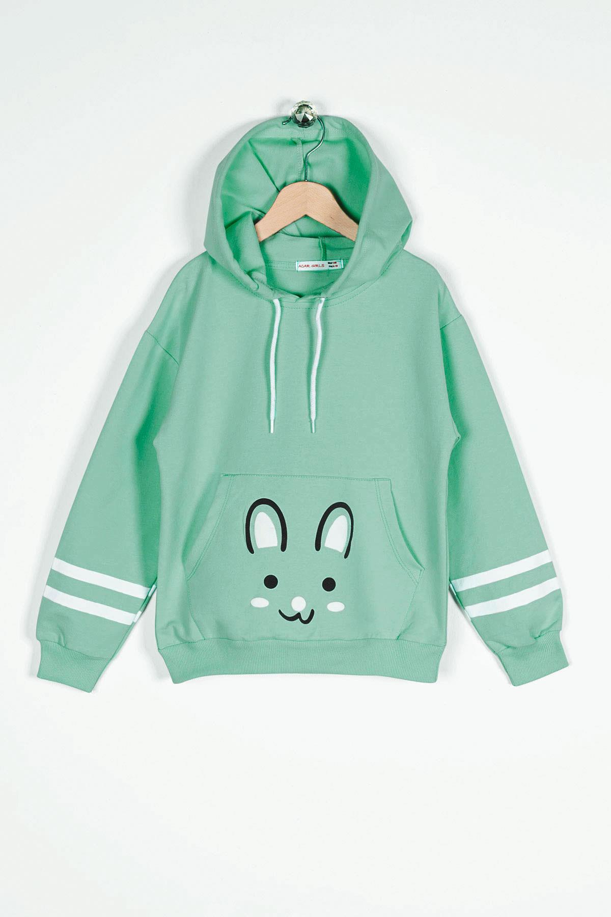 Kapüşonlu Uzun Kol Cagla Yesil Renk Kız Çocuk Sweatshirt
