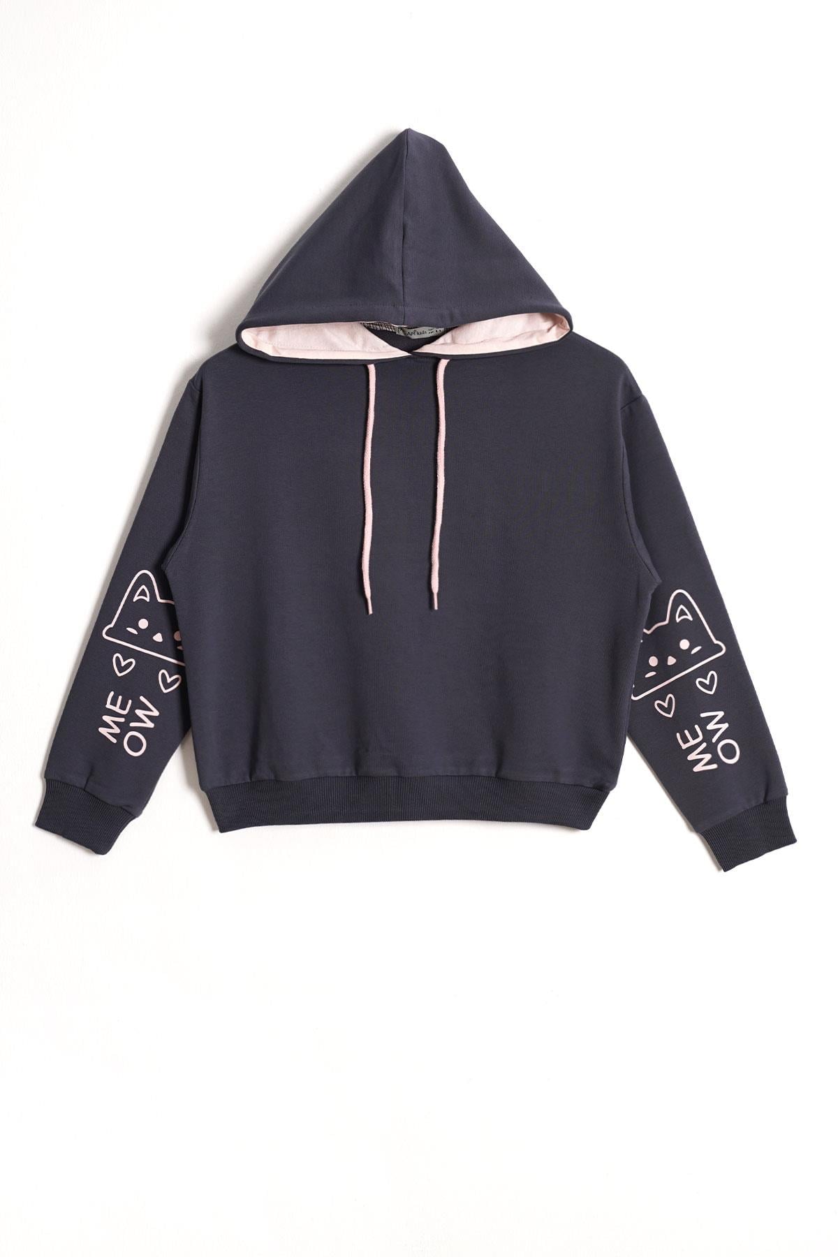Kapüşonlu Uzun Kol Füme Renk Kız Çocuk Sweatshirt