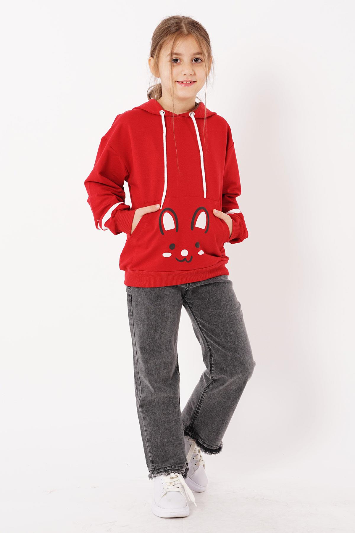 Kapüşonlu Uzun Kol Kırmızı Renk Kız Çocuk Sweatshirt