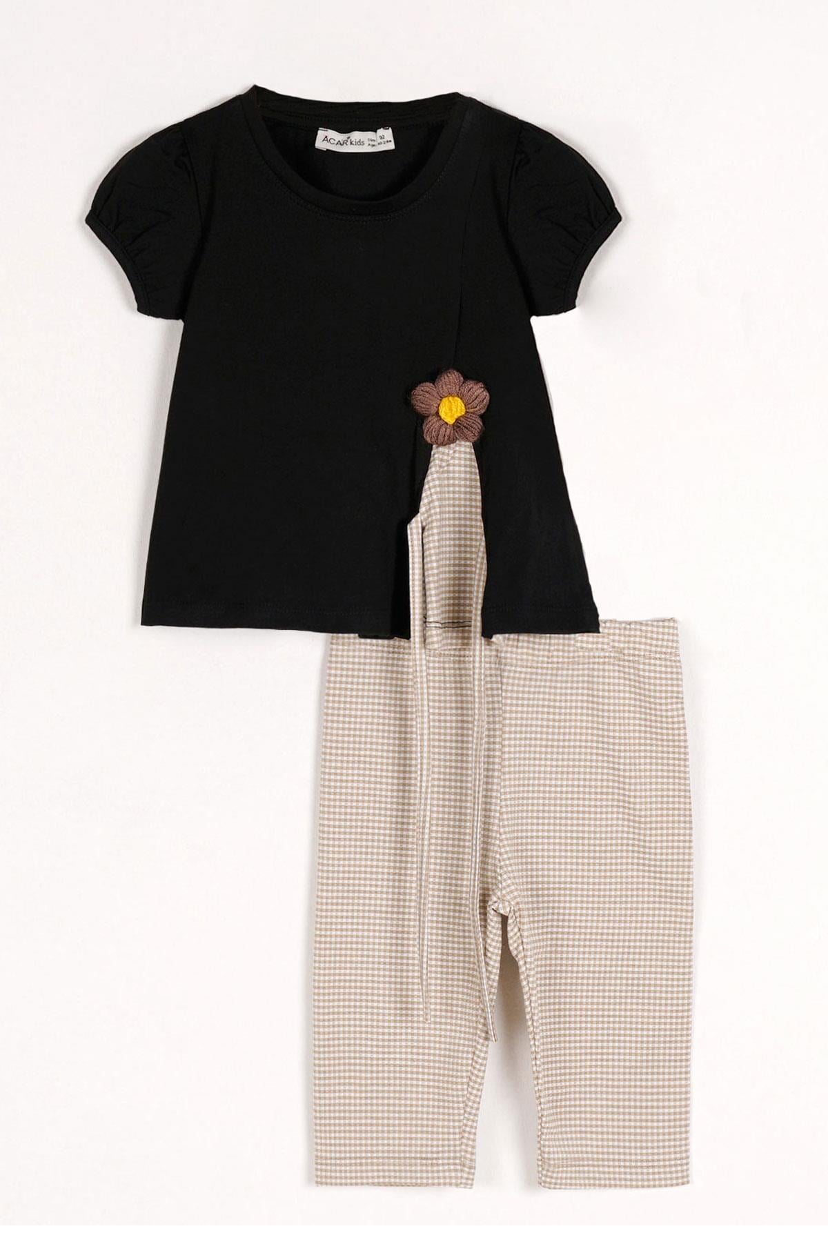  Kısa Kol Çiçek İşlemeli Renkli Kurdale Detaylı Bej Renk Kız Çocuk Taytlı Takım