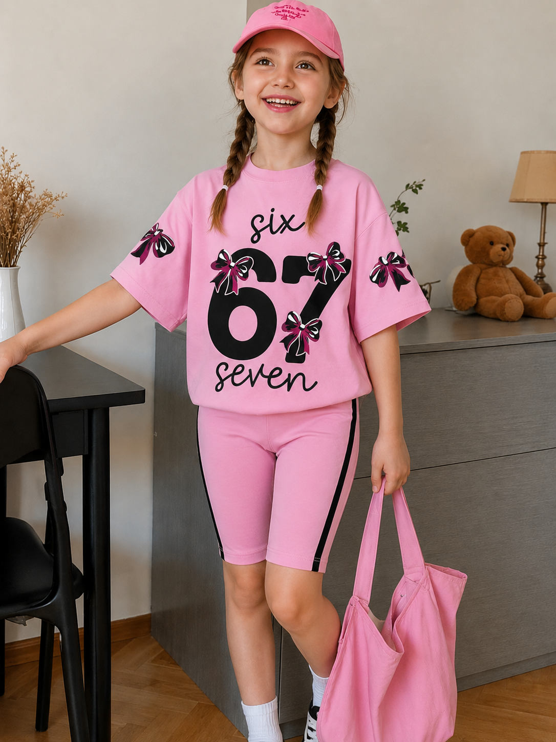 Kız Çocuk 67 Baskılı Pamuklu Likralı Pembe Renk Oversize Tişörtlü Kapri Takım