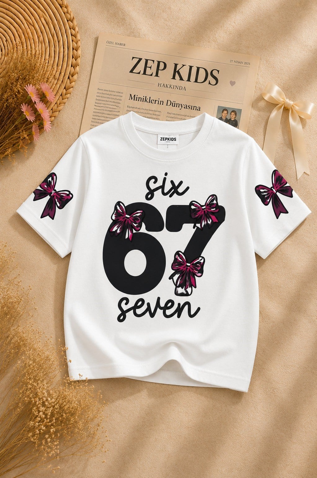 Kız Çocuk 67 Baskılı Pamuklu Likralı Ekru Renk Oversize Tişört