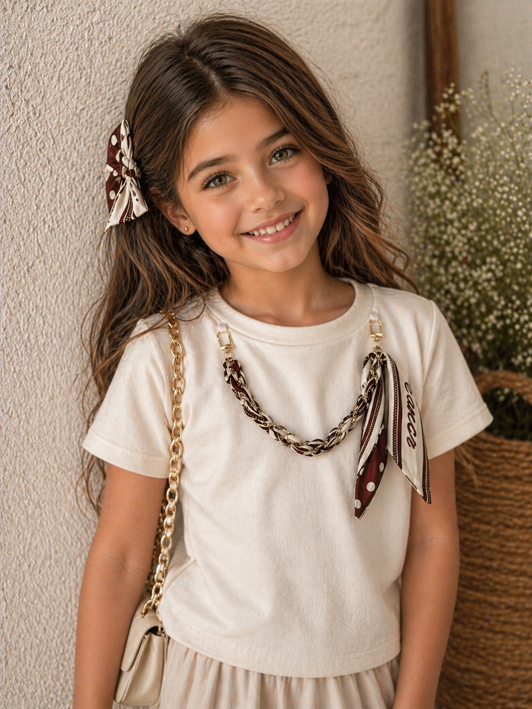 Kız Çocuk Oysho Kumaş Kahverengi Aksesuarlı Şık Tişört 👕✨