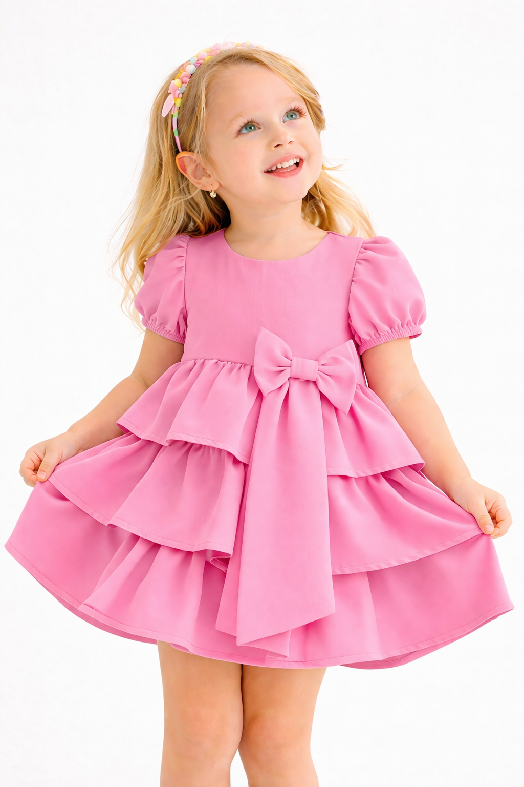 Kız Çocuk Pembe Kat Kat Fırfırlı Elbise – Kısa Kollu Şık Tasarım Parti ve Özel Gün Elbisesi 🎀