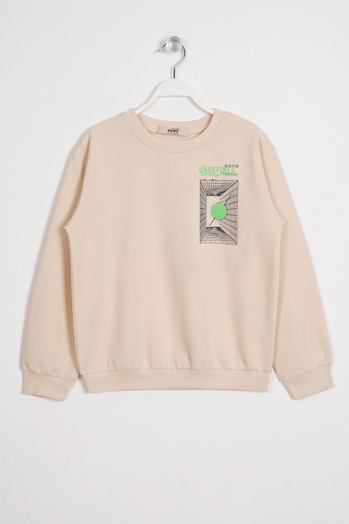 Ön Arka Dijital Baskı Detaylı Taş Renk Erkek Çocuk Sweatshirt