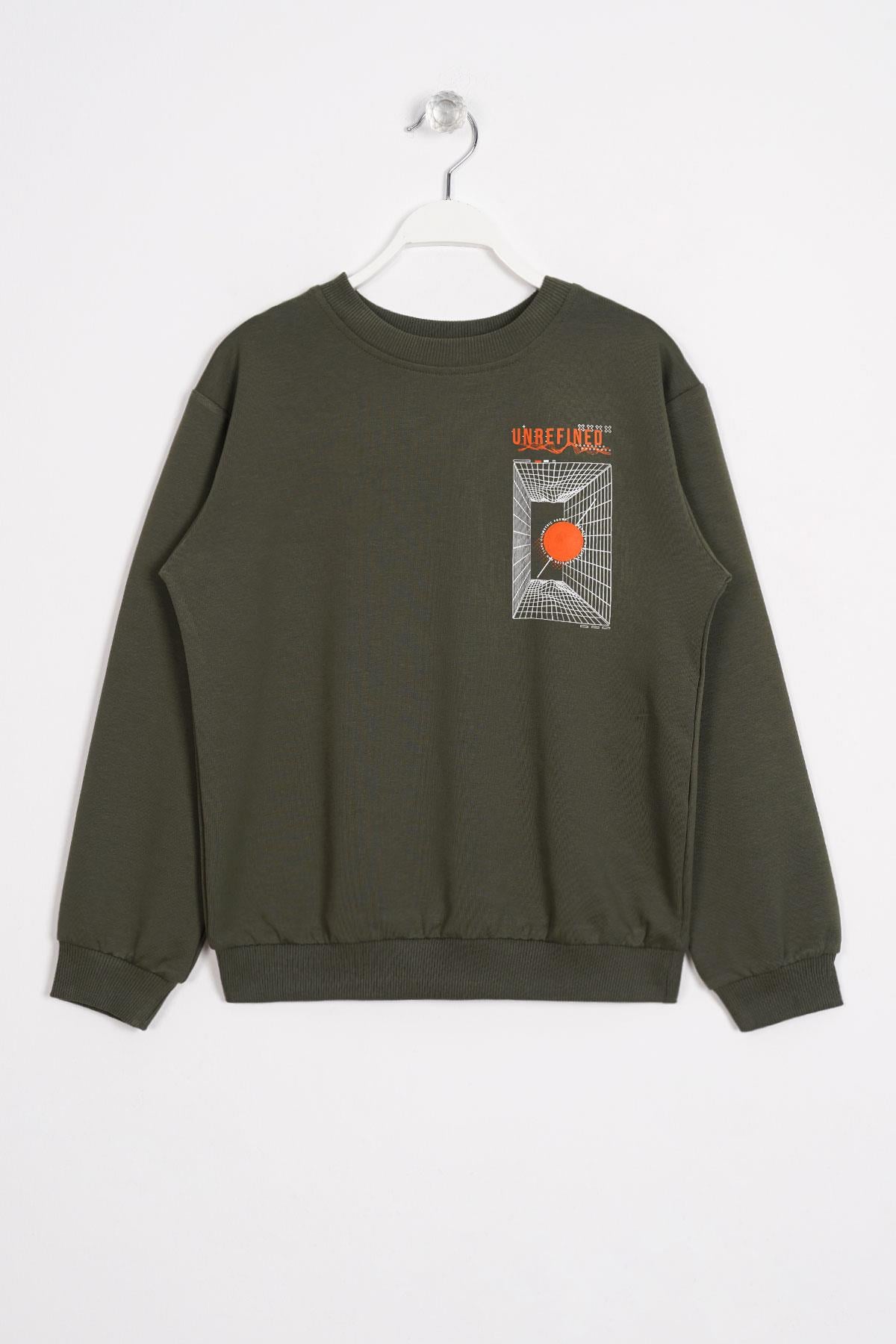 Ön Arka Dijital Baskı Detaylı Haki Renk Erkek Çocuk Sweatshirt