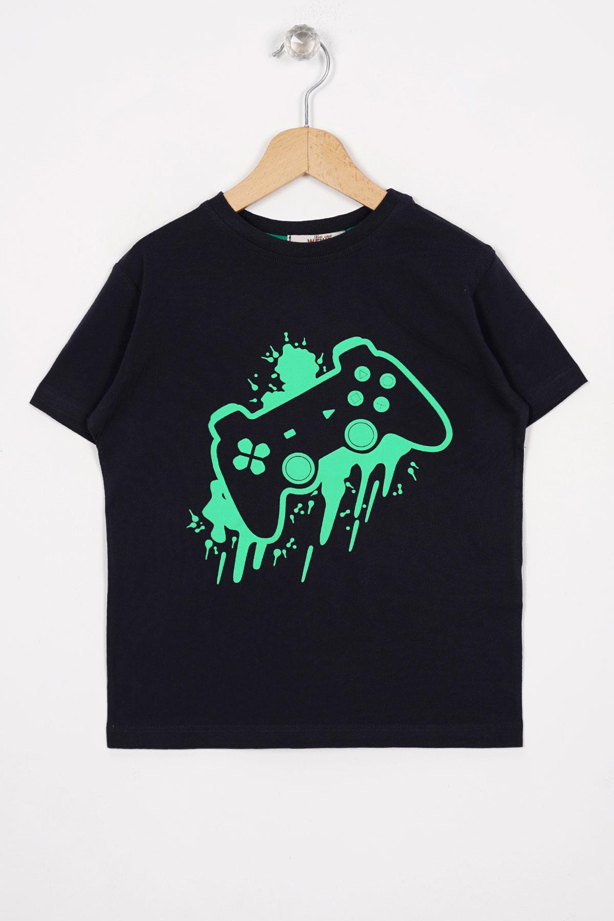 Oyun Konsolu Baskılı Oversize Lacivert Renk Erkek Çocuk Tshirt