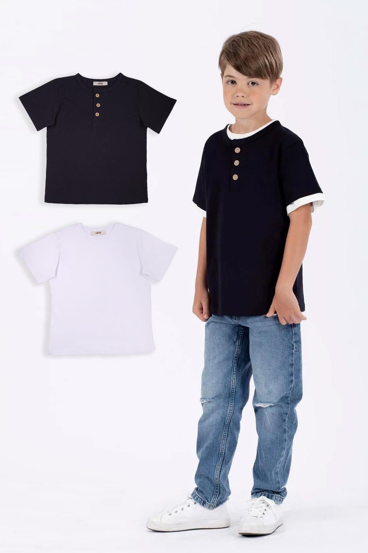Patlı Düğmeli 2'Li Beyaz Lacivert Renk Erkek Çocuk Tshirt