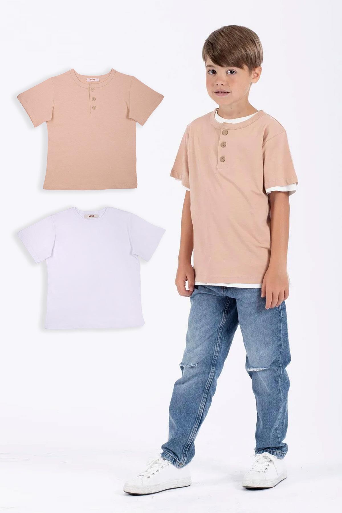  Patlı Düğmeli Basıc Beyaz Bej Renk Erkek Çocuk Tshirt
