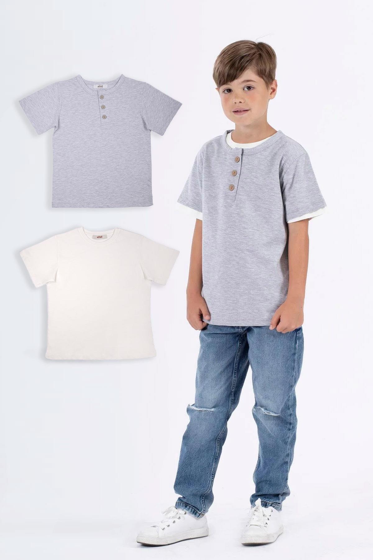  Patlı Düğmeli Basıc Ekru Gri Renk Erkek Çocuk Tshirt