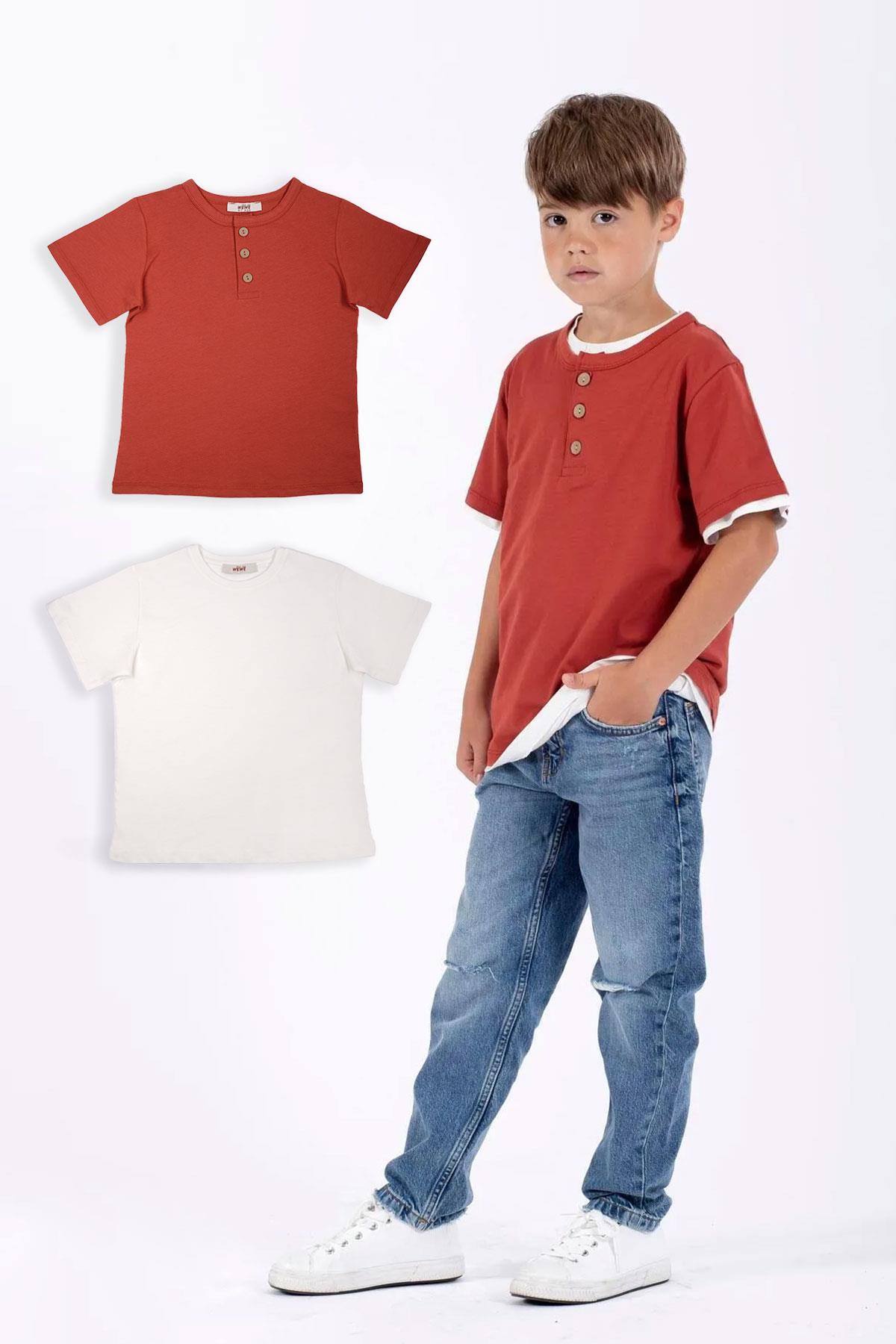  Patlı Düğmeli Basıc Ekru Kiremit Renk Erkek Çocuk Tshirt
