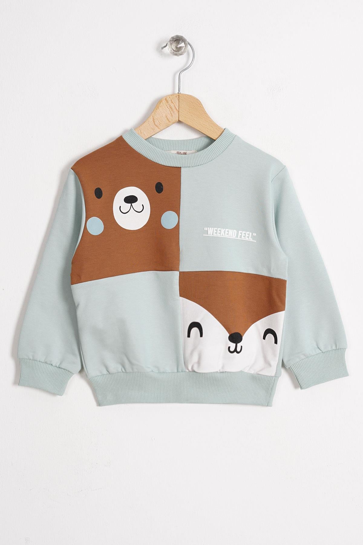 Tilki Ve Ayı Figurlu Bisiklet Yaka Mint Renk Erkek Çocuk Sweatshırt