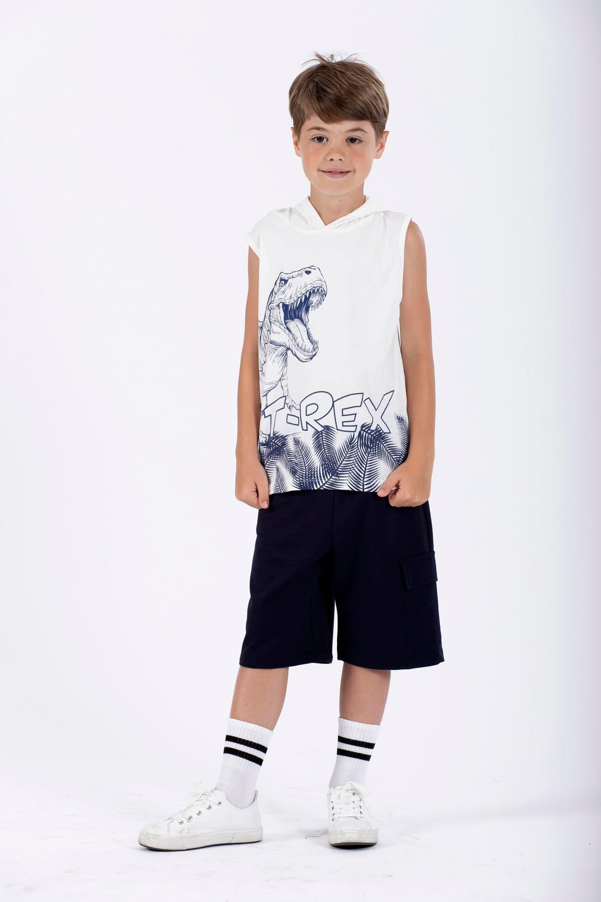 Trex Baskılı Kapüşonlu Sıfır Kol Ekru Renk Erkek Çocuk Tshirt