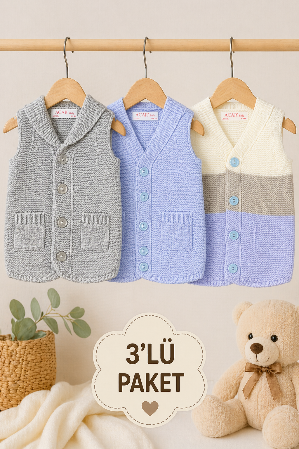 Unisex Bebek Triko Yelek 3'lü Paket Düğmeli Kolsuz Bebek Yeleği 6-24 Ay