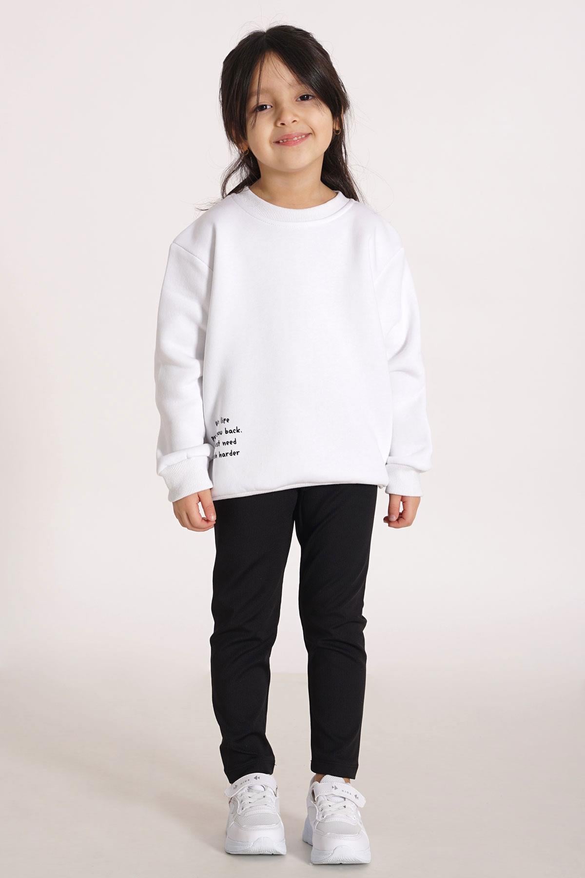 Yazı Baskılı Ekru Renk Kız Çocuk Sweat
