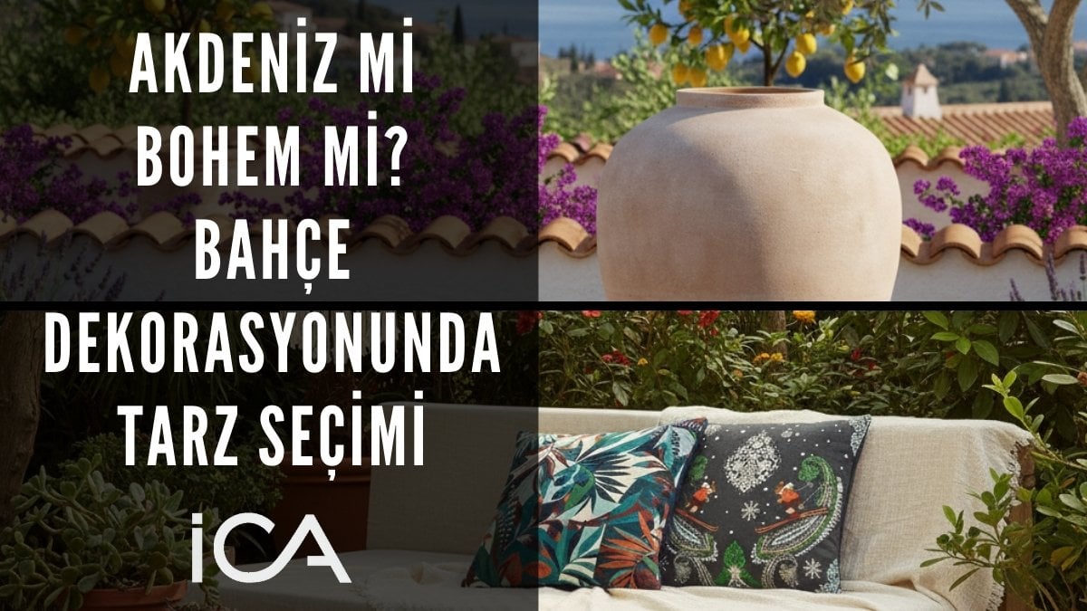 Akdeniz ve Bohem dekorasyon stillerinin karşılaştırıldığı bir dış mekan görüntüsü.