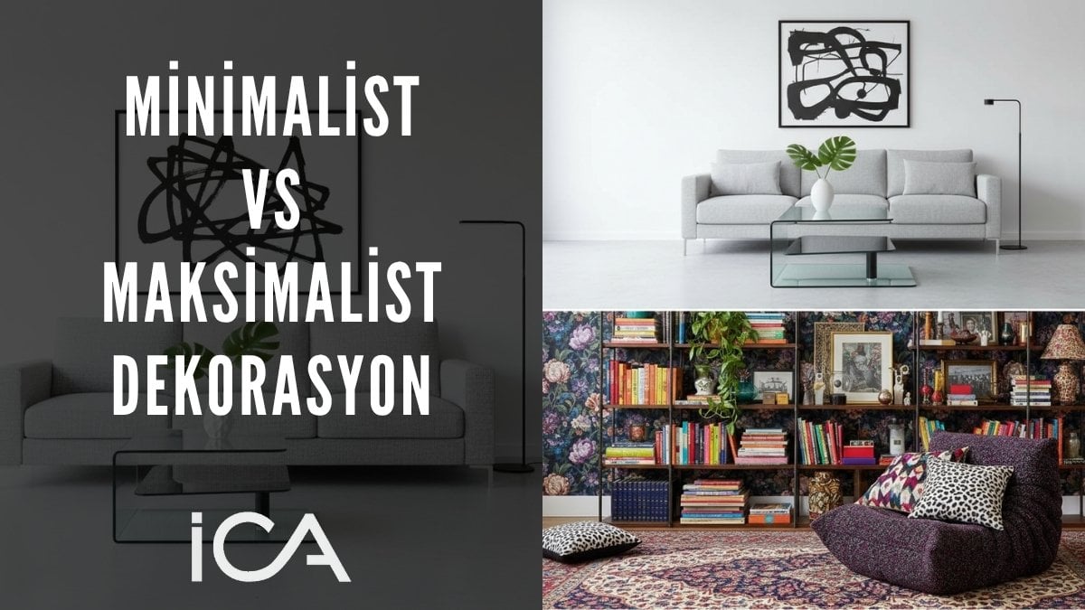 Sol tarafta maksimalist, sağ tarafta minimalist dekorasyonun uygulandığı bir oturma odası örneği. Aynı mekân içinde iki karşıt stilin yarattığı fark net biçimde görülüyor. Çok sayıda renkli desen ve aksesuar, maksimalizmin 