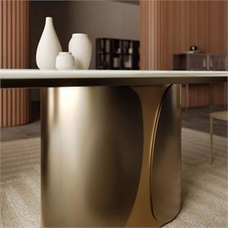 Talos Açılabilir Yemek Masası (5463) - Side Elements Lacqered Gold (M325) Frame Aged Brass (M328) - Top Glossy Calacatta (CM012A)