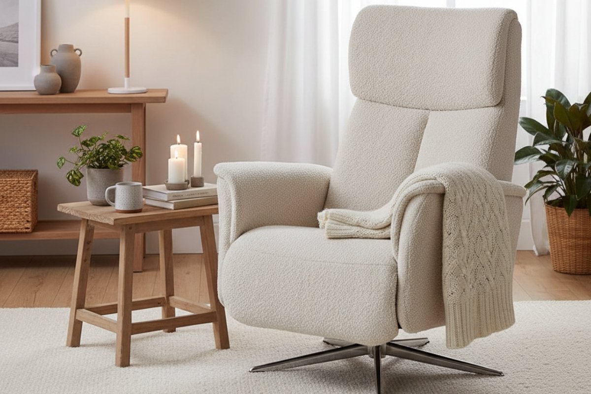 hygge dekorasyon tarzını belirten nötr renk paletli bir koltuk