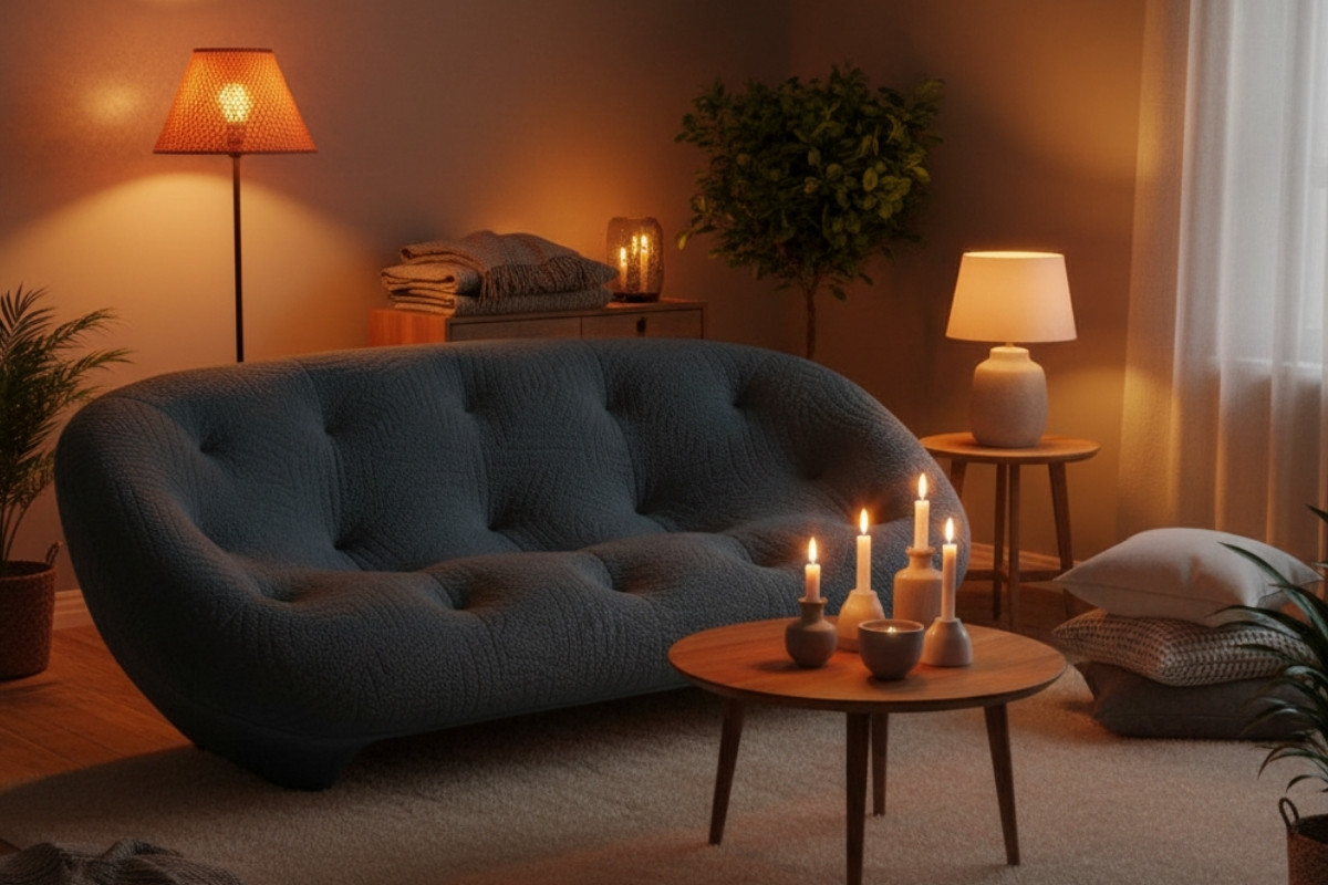 sıçak ışıklar ve loş atmosfer hygge dekorasyon tarzını anlatan görsel