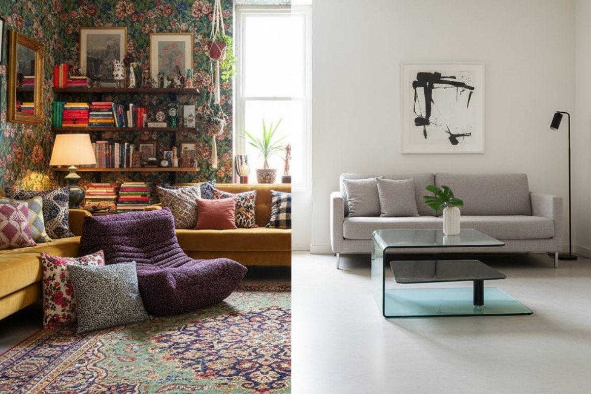 solda maksimalist togo koltuklu bir görsel, sağda minimalist orta sehpa olan görsel