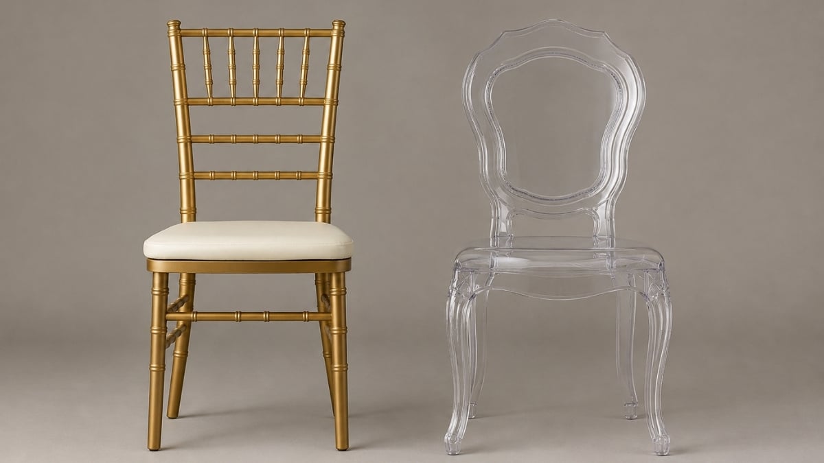 Klasik Chiavari sandalye ve modern şeffaf Tiffany sandalye yan yana