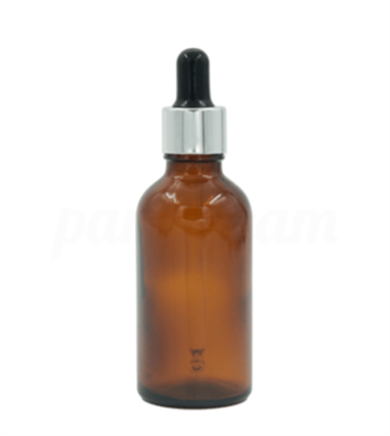 50ml Cam Damlalıklı Şişe - Amber Renk, Altın/Gümüş Metal Kapaklı