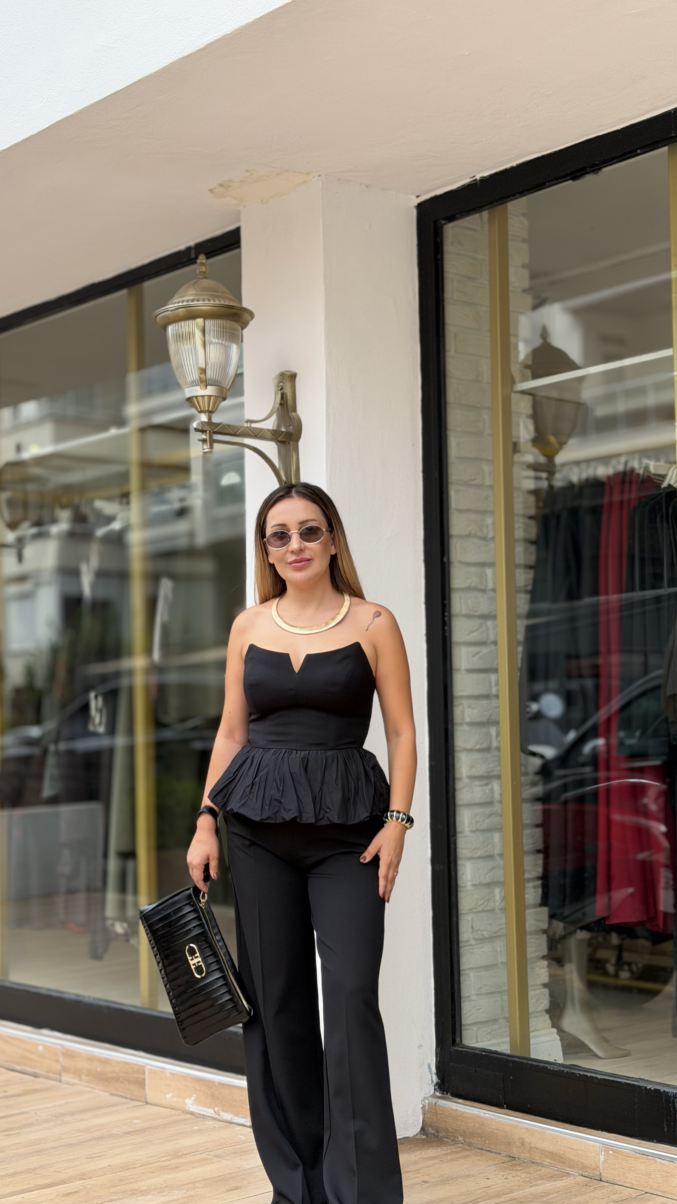 Straplez Fermuarlı Takım Siyah