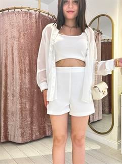  Yüksek Bel Yandan Fermuarlı Şort Beyaz