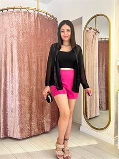  Yüksek Bel Yandan Fermuarlı Şort Fuşya