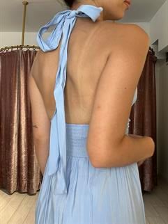 12013 Boyundan Bağlamalı Uzun Elbise Mavi 