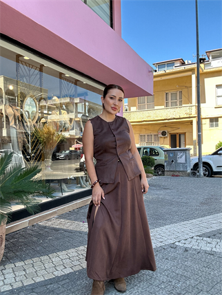 2214 Yırtmaç Detaylı Yelekli İkili Süet Takım Kahve