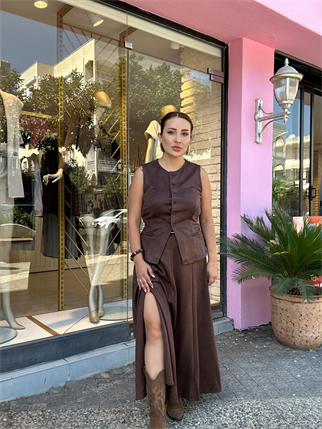 2214 Yırtmaç Detaylı Yelekli İkili Süet Takım Kahve