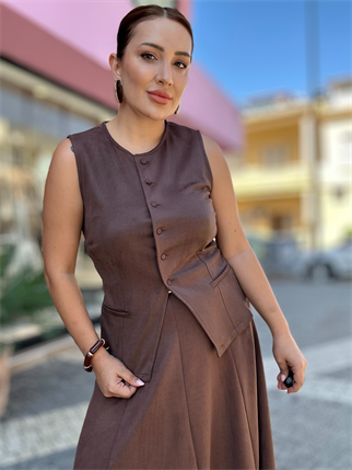 2214 Yırtmaç Detaylı Yelekli İkili Süet Takım Kahve