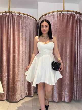 Ayarlanabilir Askılı Saten Elbise Ekru