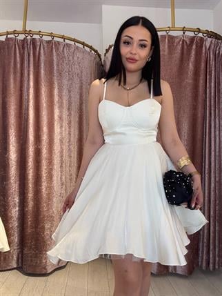 Ayarlanabilir Askılı Saten Elbise Ekru