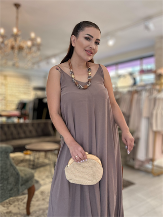 Ayarlanabilir Askılı Uzun Salaş Elbise Acık Kahve