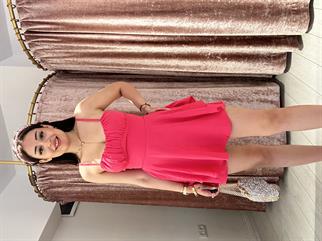 Ayarlanabilir İp Askılı Mini Şort Elbise Fuşya