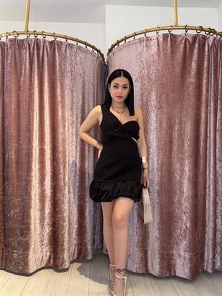 Balon Sort Etek Tek Kol Elbise Siyah