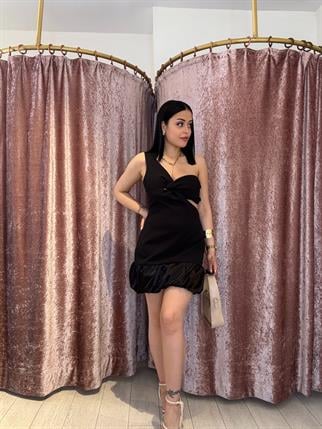 Balon Sort Etek Tek Kol Elbise Siyah